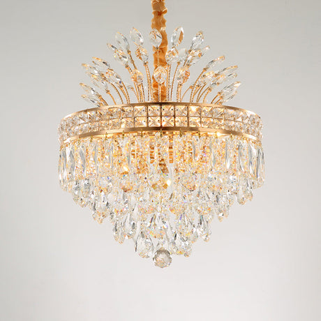 Contemporary Gold Crystal Chandelier Pendant - 9 Bulb Clear Conical Light Fixture For Bedroom