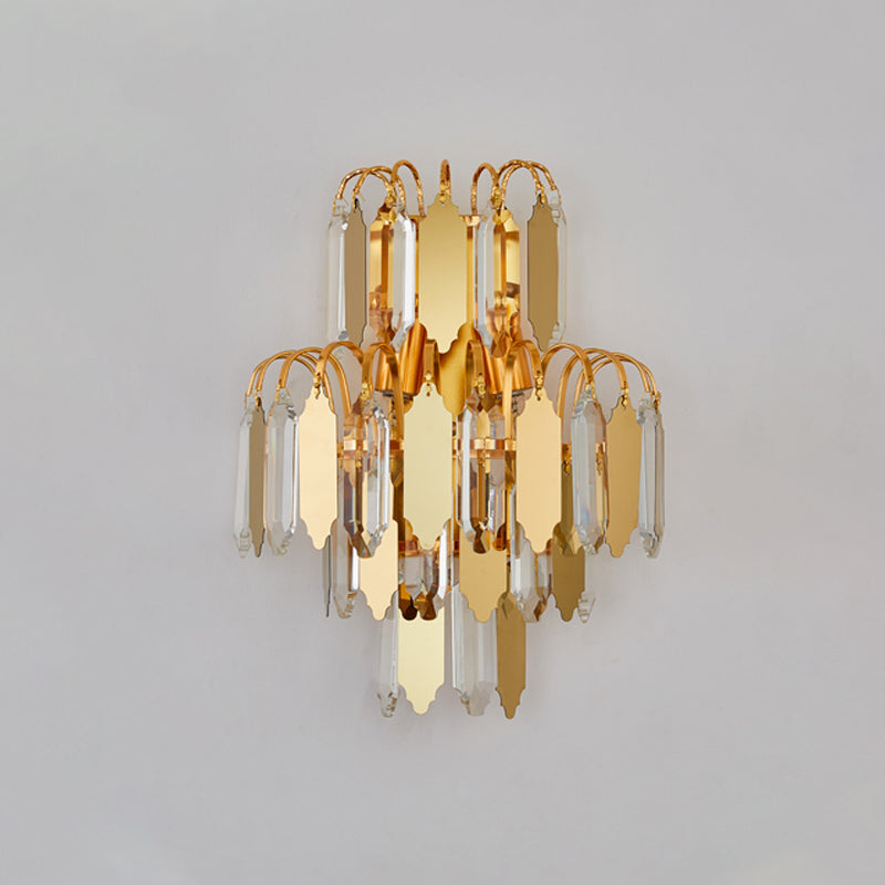 Gold Crystal Block Tiered Wall Sconce - Classic 2-Light Living Room Lighting Fixture