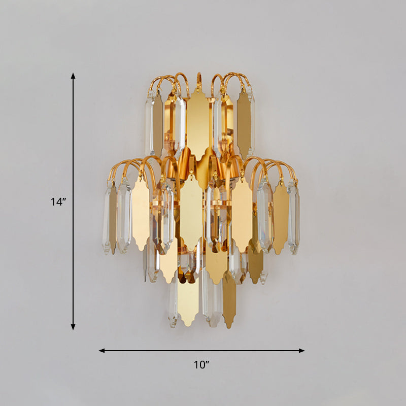 Gold Crystal Block Tiered Wall Sconce - Classic 2-Light Living Room Lighting Fixture