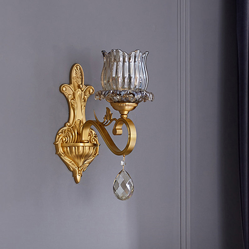 Gold Finish Crystal Wall Sconce: Traditional 1-Light Flower Lighting With Curved Arm