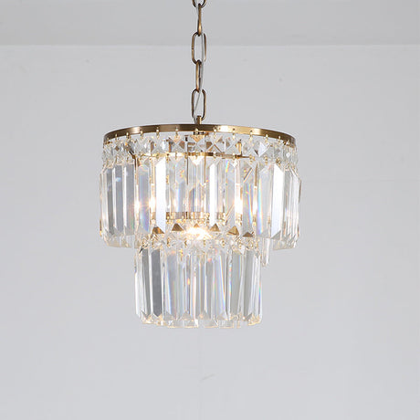 2-Layered Round Crystal Block Pendant Light With Gold Finish - Countryside Dining Room Ceiling