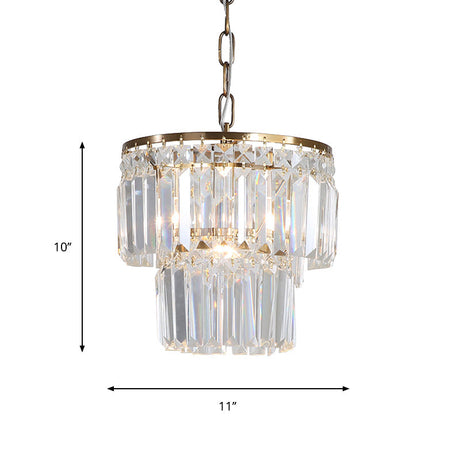 2-Layered Round Crystal Block Pendant Light With Gold Finish - Countryside Dining Room Ceiling