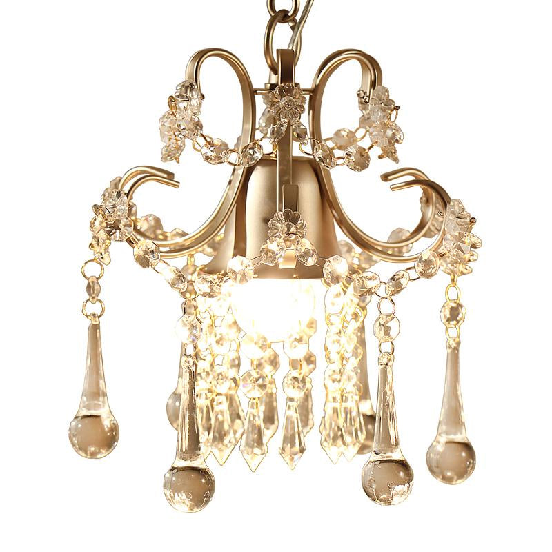Gold Pendant Lamp With Crystal Droplet - Classic Style Metal Frame Ceiling Light 1 Bulb