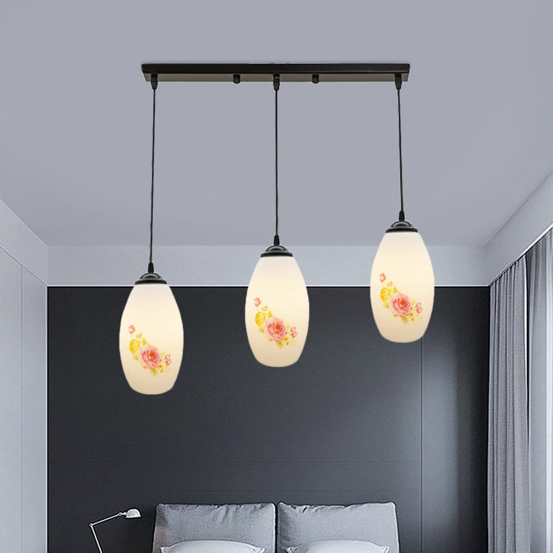 Frosted White Glass Pendant Lamp With Flower Pattern - 3 Bulbs