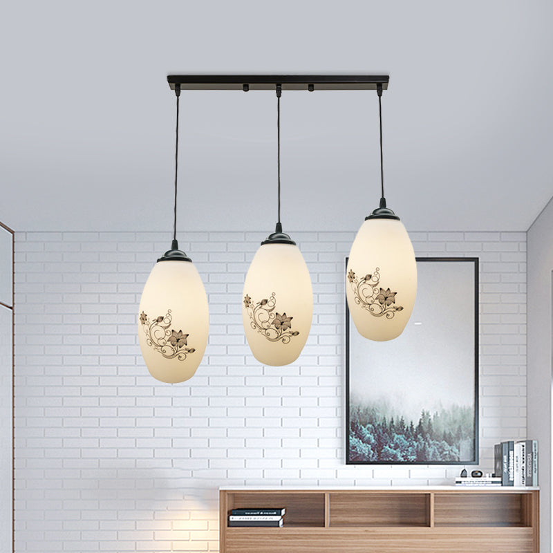 Oval Multi-Pendant Modern Ceiling Hang Fixture - 3 Lights Black Finish White Printed Glass