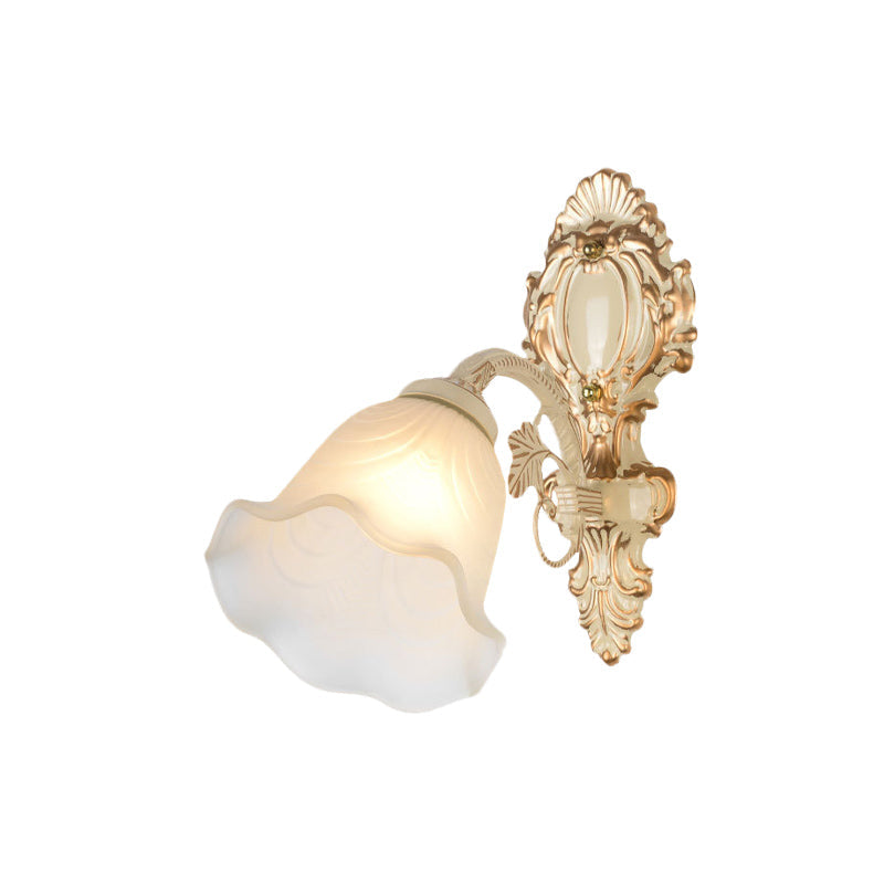 Vintage Floral Frosted Glass Wall Sconce - Beige Bedroom Mounted Light Fixture (1 Bulb)