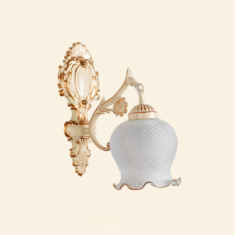 Traditional White Glass Wall Sconce 1/2-Bulb Flower Light Fixture For Living Room