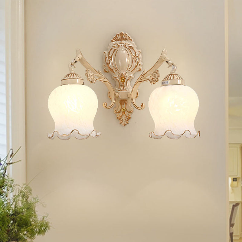 Traditional White Glass Wall Sconce 1/2-Bulb Flower Light Fixture For Living Room
