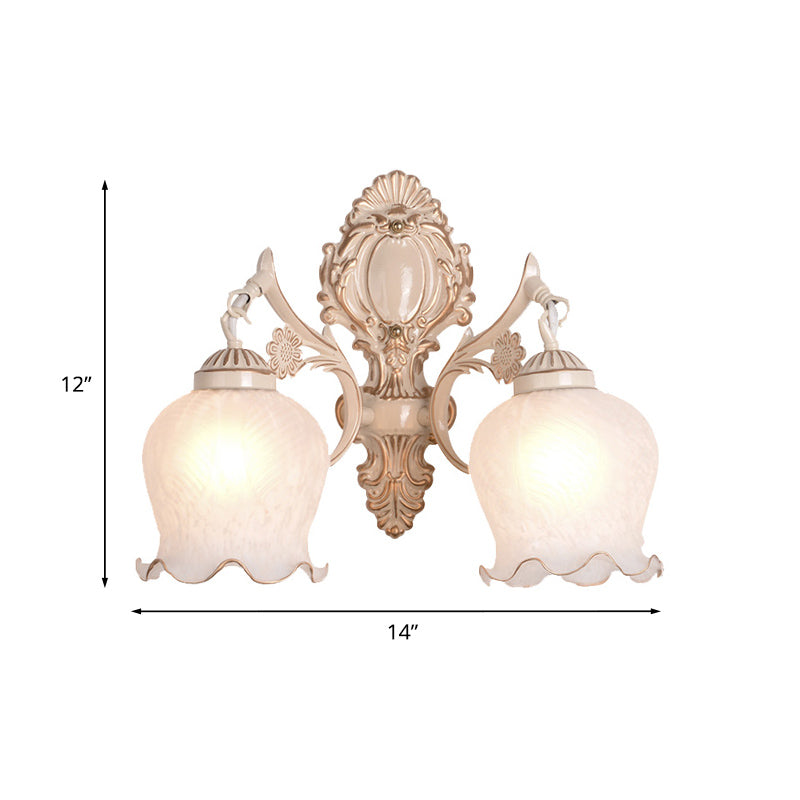 Traditional White Glass Wall Sconce 1/2-Bulb Flower Light Fixture For Living Room