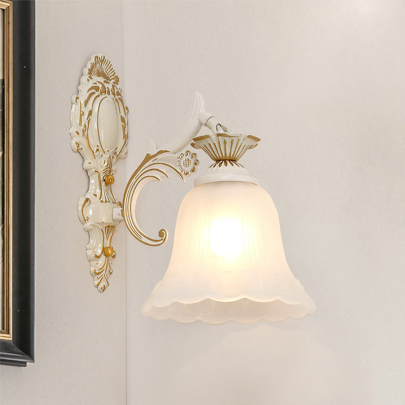 Classic Bell Sconce Light With Carved Arm - White Glass 1/2-Bulb Wall Lighting For Bedroom