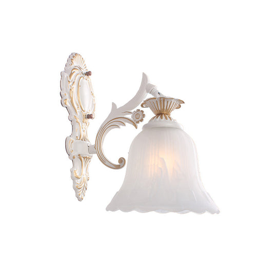 Classic Bell Sconce Light With Carved Arm - White Glass 1/2-Bulb Wall Lighting For Bedroom