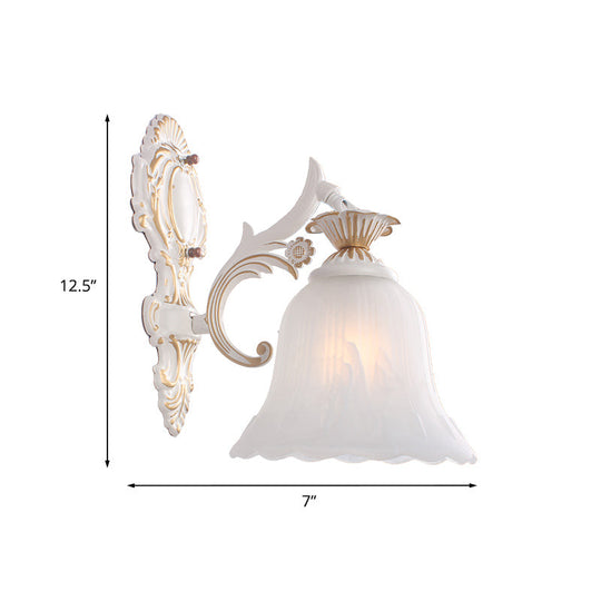 Classic Bell Sconce Light With Carved Arm - White Glass 1/2-Bulb Wall Lighting For Bedroom