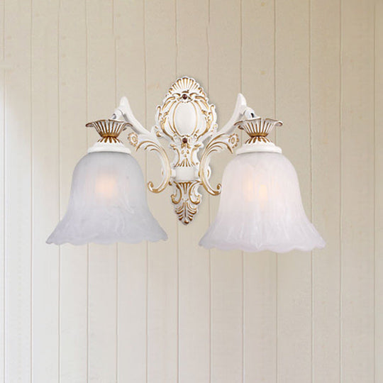 Classic Bell Sconce Light With Carved Arm - White Glass 1/2-Bulb Wall Lighting For Bedroom 2 /