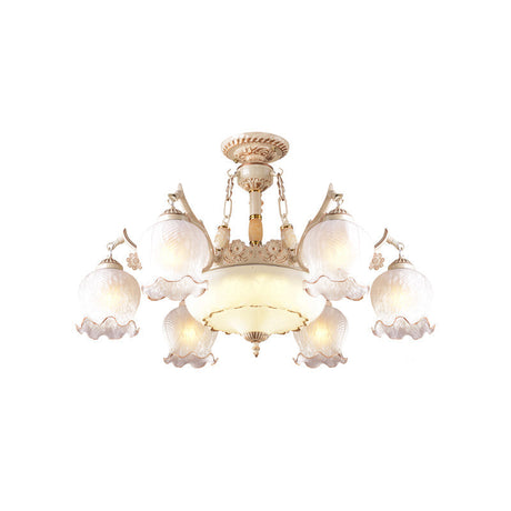 Rustic Floral Ceiling Light With White Glass Shades - 7/9/11 Head Semi Flush Mount For Living Room