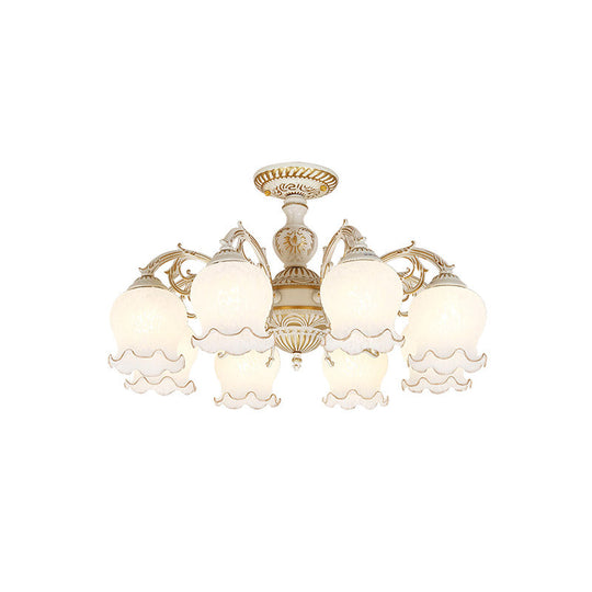 Rustic White Glass Semi Flush Mount Light Fixture With Beige Finish - Flower Living Room 3/5/6 Bulbs