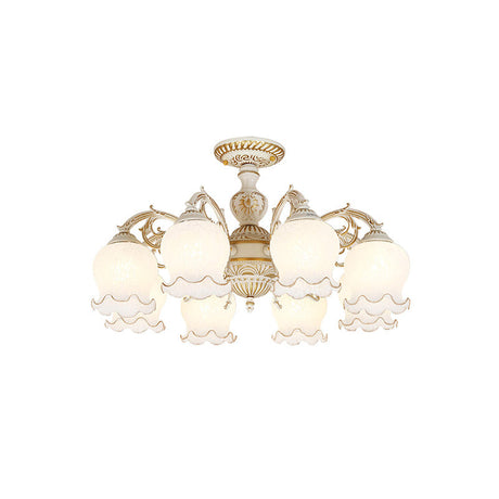 Rustic White Glass Flower Semi Flush Mount Light Fixture With 3/5/6 Bulbs For Living Rooms