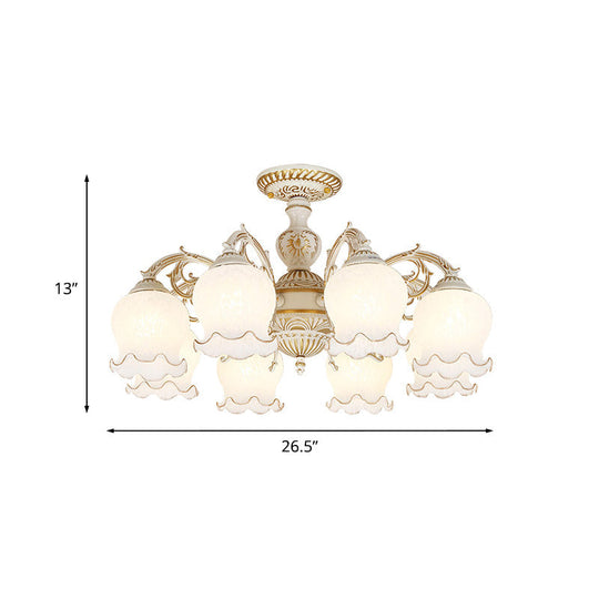 Rustic White Glass Flower Semi Flush Mount Light Fixture With 3/5/6 Bulbs For Living Rooms