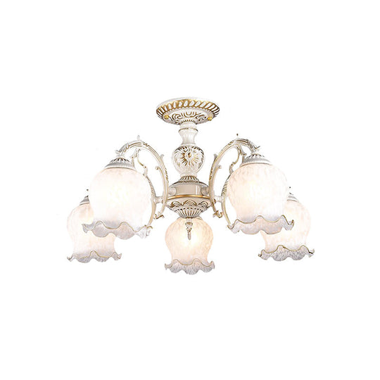 Rustic White Glass Semi Flush Mount Light Fixture With Beige Finish - Flower Living Room 3/5/6 Bulbs