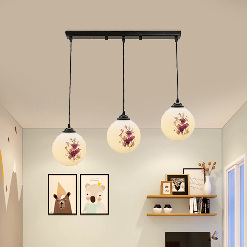 Modern Black Multi-Pendant Hanging Light Kit With Flower Pattern And Frosted Glass