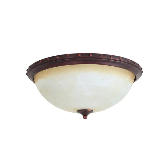 Traditional Opal Glass Bowl Flush Light Fixture - 2-Head Foyer Ceiling Mount (Brown)