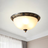 Black Milk Glass Ceiling Lamp With Leaf/Flower Trim - Traditional 3-Head Flush Mount / Flower