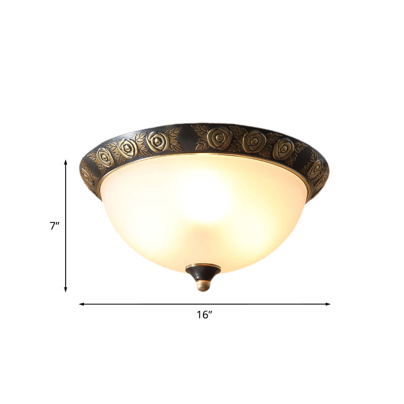 Black Milk Glass Ceiling Lamp With Leaf/Flower Trim - Traditional 3-Head Flush Mount