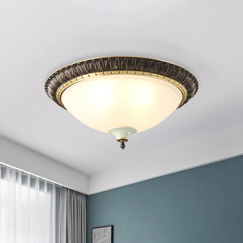 Black Milk Glass Ceiling Lamp With Leaf/Flower Trim - Traditional 3-Head Flush Mount