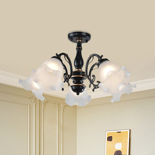 3/5 - Light Floral Semi - Flush Ceiling Light - Countryside White/Black Finish With Cream Glass