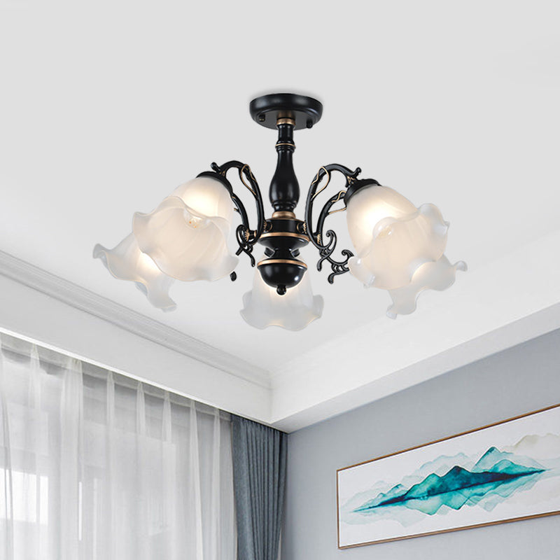 3/5 - Light Floral Semi - Flush Ceiling Light - Countryside White/Black Finish With Cream Glass