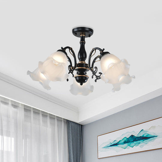 3/5 - Light Floral Semi - Flush Ceiling Light - Countryside White/Black Finish With Cream Glass
