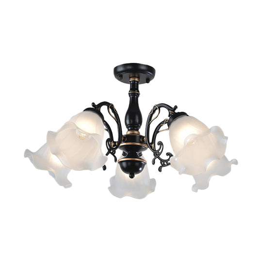 3/5 - Light Floral Semi - Flush Ceiling Light - Countryside White/Black Finish With Cream Glass