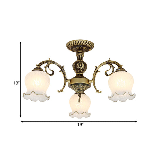 Frosted Glass Bronze Semi Flush Ceiling Lamp With Flower Design - 3/5/6 - Bulb Antique Lighting