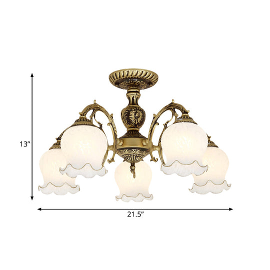 Frosted Glass Bronze Semi Flush Ceiling Lamp With Flower Design - 3/5/6 - Bulb Antique Lighting