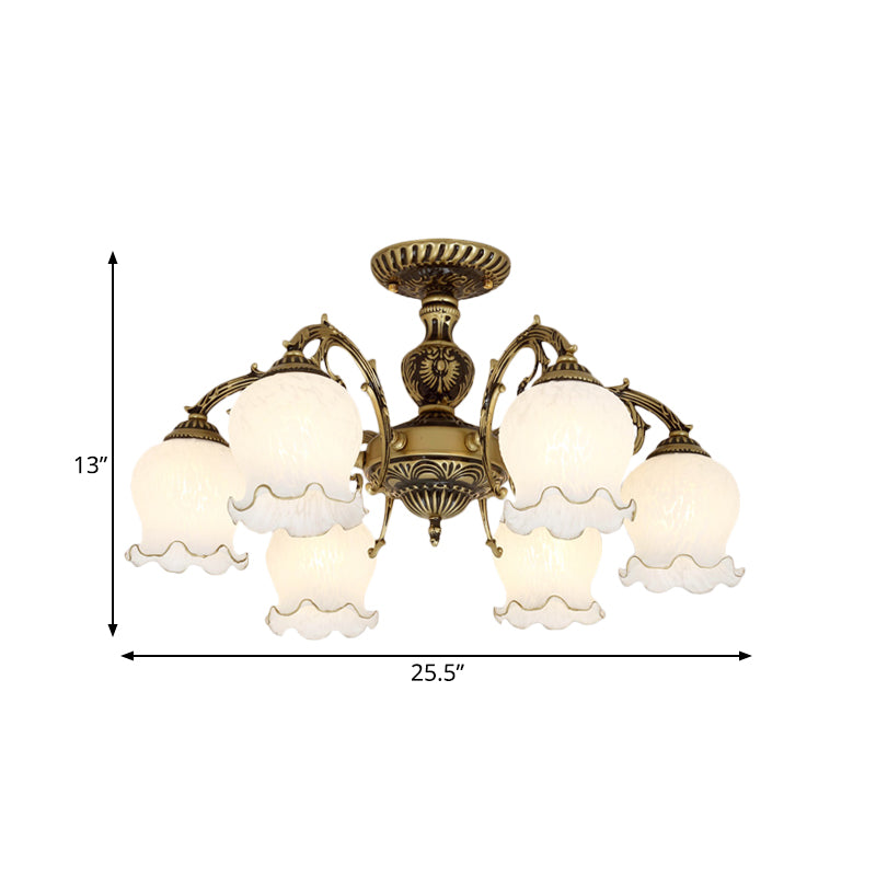 Frosted Glass Bronze Semi Flush Ceiling Lamp With Flower Design - 3/5/6 - Bulb Antique Lighting