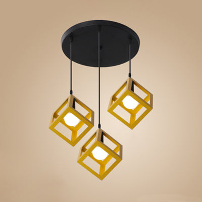 Industrial 3-Head Pendant Light With Squared Metallic Cage Red/Yellow Canopy For Hallway Yellow /