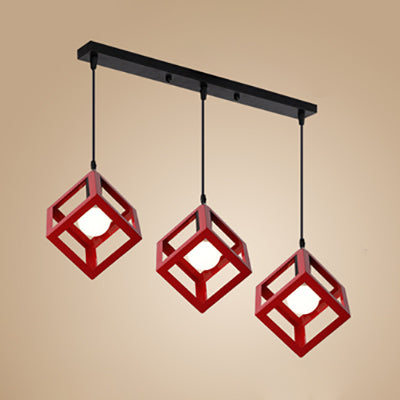 Industrial 3-Head Pendant Light With Squared Metallic Cage Red/Yellow Canopy For Hallway Red /