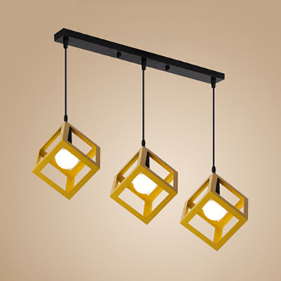 Industrial 3-Head Pendant Light With Squared Metallic Cage Red/Yellow Canopy For Hallway Yellow /