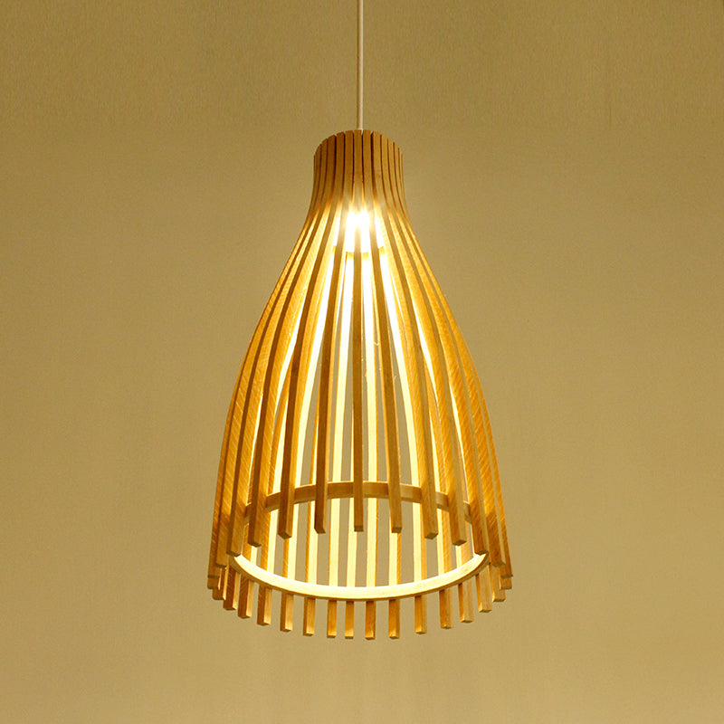 Bamboo Strip Japanese Pendant Lamp - 1-Light Beige Ceiling Light For Tea House