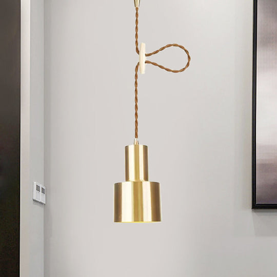 Industrial Gold Metallic Cylinder Pendant Light With Adjustable Ceiling Hang / A