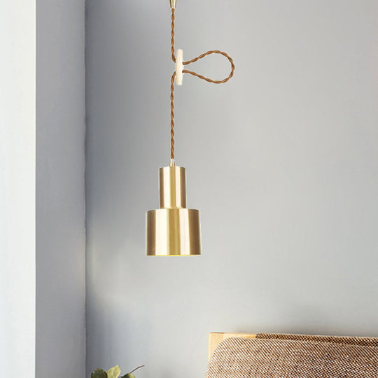 Industrial Gold Metallic Cylinder Pendant Light With Adjustable Ceiling Hang