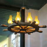 Coastal Wood Rudder Pendant Light Kit With Yellow Crackle Glass Shade - 8-Light Chandelier For