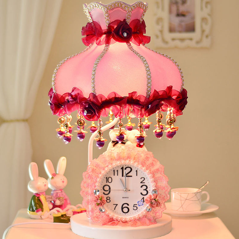 Girls Bedroom Night Light - Purple/Pink Table Lamp With Scalloped Fabric Shade And Clock Purple-Pink