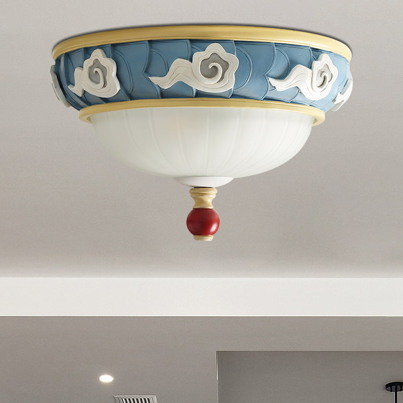 Contemporary Blue Dome Resin Flush Mount Lamp - 3 Head Ceiling Light For Bedroom