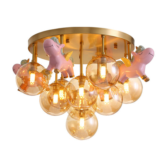Gold Metal Cartoon Pony Semi - Flush Mount Lamp With Amber Glass Shades - 9 Head Macaron Ceiling