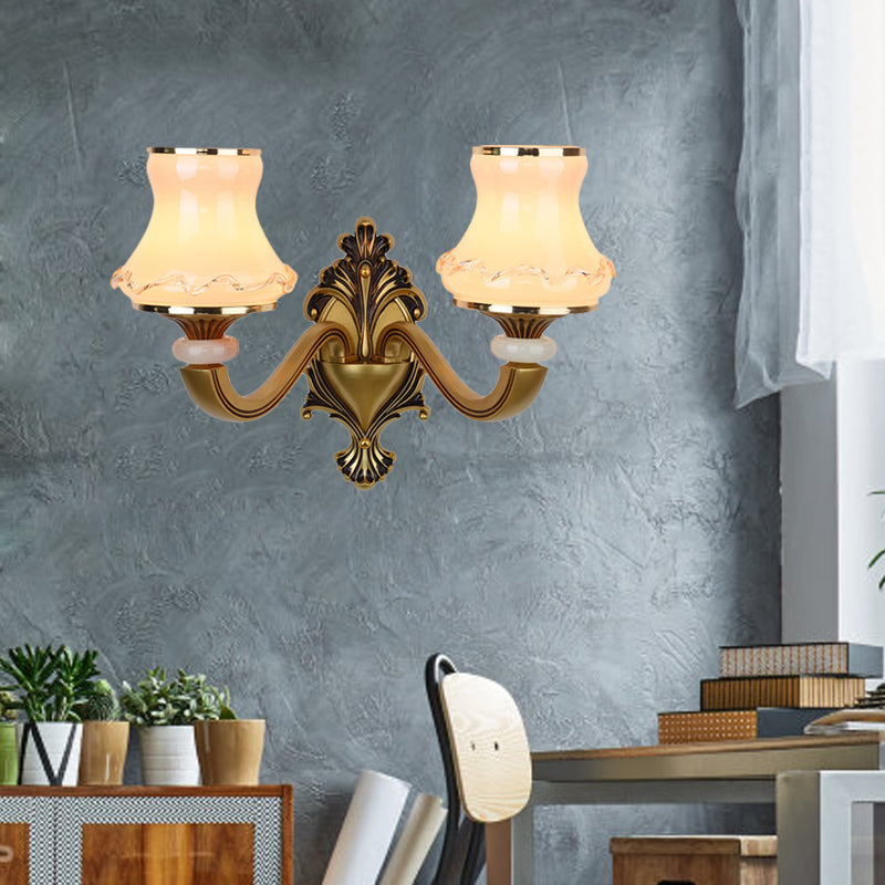 Vintage Frosted Glass Wall Lamp With Brass Mount - Urn Shape 1/2-Bulb Living Room Lighting
