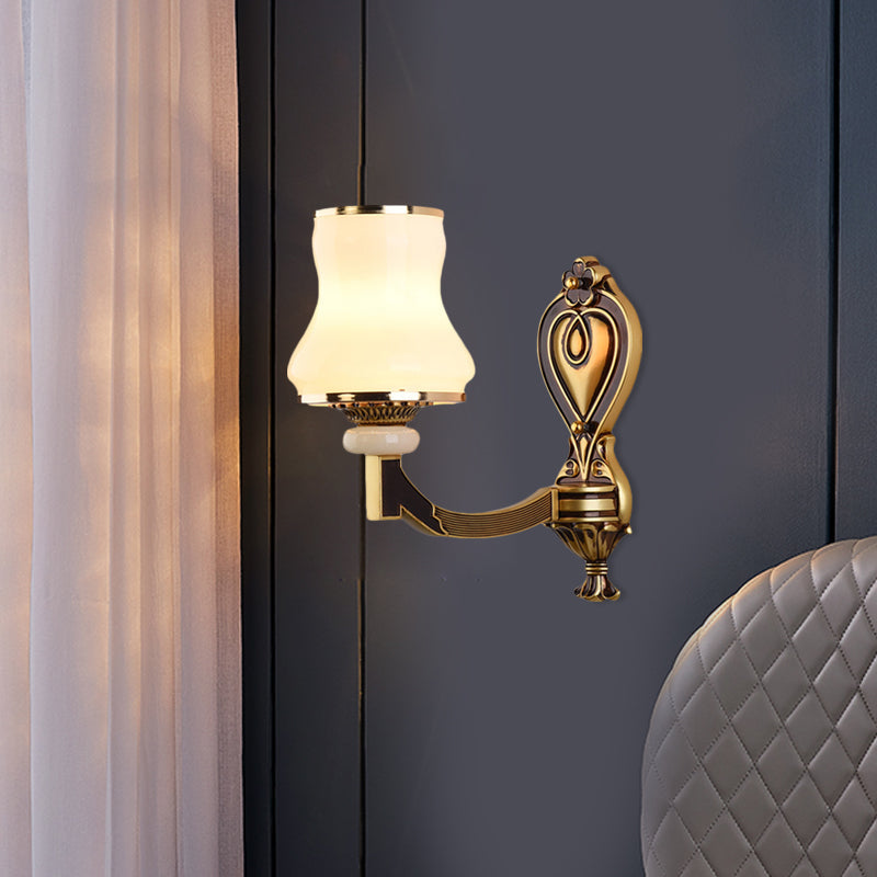 Vintage Frosted Glass Wall Lamp With Brass Mount - Urn Shape 1/2-Bulb Living Room Lighting