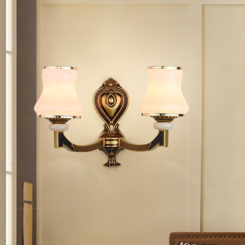 Vintage Frosted Glass Wall Lamp With Brass Mount - Urn Shape 1/2-Bulb Living Room Lighting