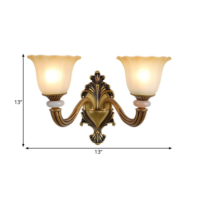 Traditional Flower-Shape Opal Glass Wall Sconce Light Fixture In Brass
