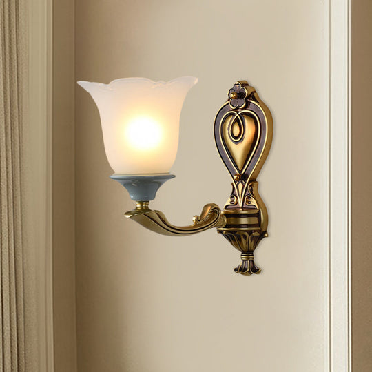 Traditional Flower-Shape Opal Glass Wall Sconce Light Fixture In Brass