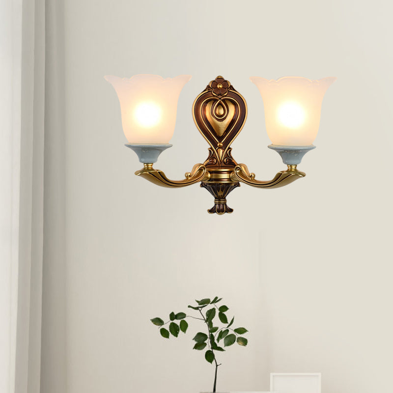 Traditional Flower-Shape Opal Glass Wall Sconce Light Fixture In Brass